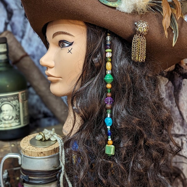 Pirate Hair Jewelry, Hair Clip, Upcycled Beads and Leather, Costume, LARP, Boho