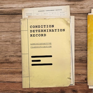 Peut inclure: Un enregistrement de détermination de l'état de style vintage avec le texte Classification administrative. Le document est jauni par l'âge et comporte une série de lignes noires horizontales. L'arrière-plan comprend d'autres documents et une surface en bois.