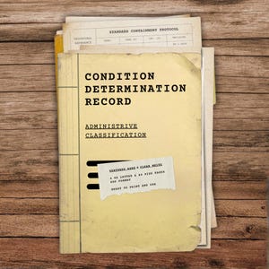 Könnte beinhalten: Ein Stapel gealterter Papiere mit dem Titel "CONDITION DETERMINATION RECORD" in fetter schwarzer Schrift. Die Dokumente umfassen ein "STANDARD CONTAINMENT PROTOCOL" Formular und ein kleines Etikett mit Text. Das Papier hat ein strukturiertes, gealtertes Aussehen.