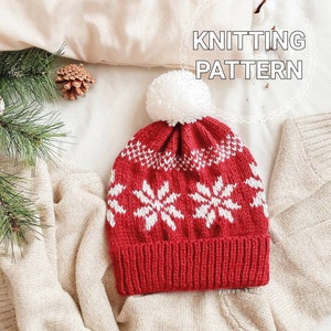 KNITTING PATTERN / Snowflakes Hat / Beanie Knitting Pattern / Pompom Hat Knitting Pattern / Knit Pattern image 1