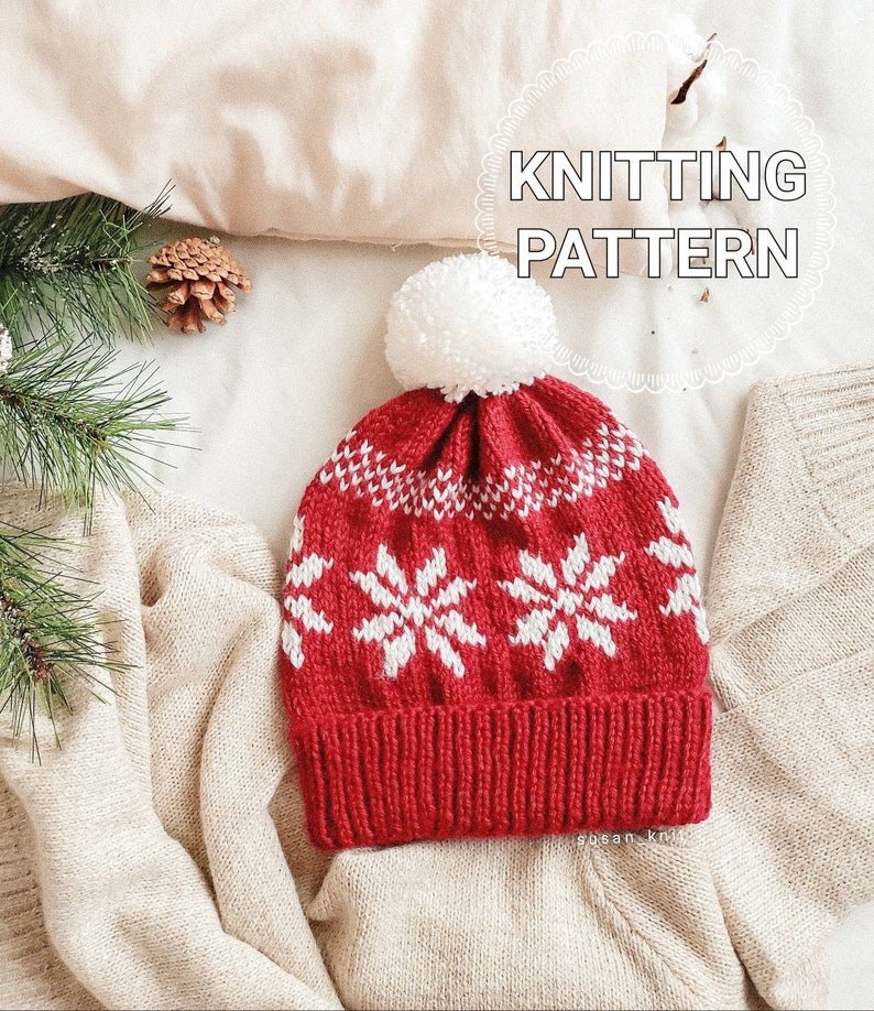 KNITTING PATTERN / Snowflakes Hat / Beanie Knitting Pattern / Pompom Hat Knitting Pattern / Knit Pattern image 1