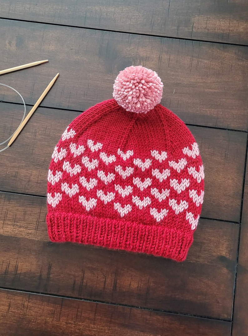 KNITTING PATTERN / Mini Hearts Beanie / Beanie Knitting Pattern / Pompom Hat Knitting Pattern / Knit Pattern / Knit Hat image 5