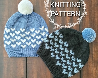 KNITTING PATTERN / Mini Hearts Beanie / Beanie Knitting Pattern / Pompom Hat Knitting Pattern / Knit Pattern / Knit Hat
