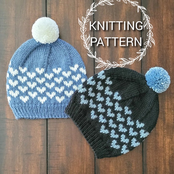 KNITTING PATTERN / Mini Hearts Beanie / Beanie Knitting Pattern / Pompom Hat Knitting Pattern / Knit Pattern / Knit Hat