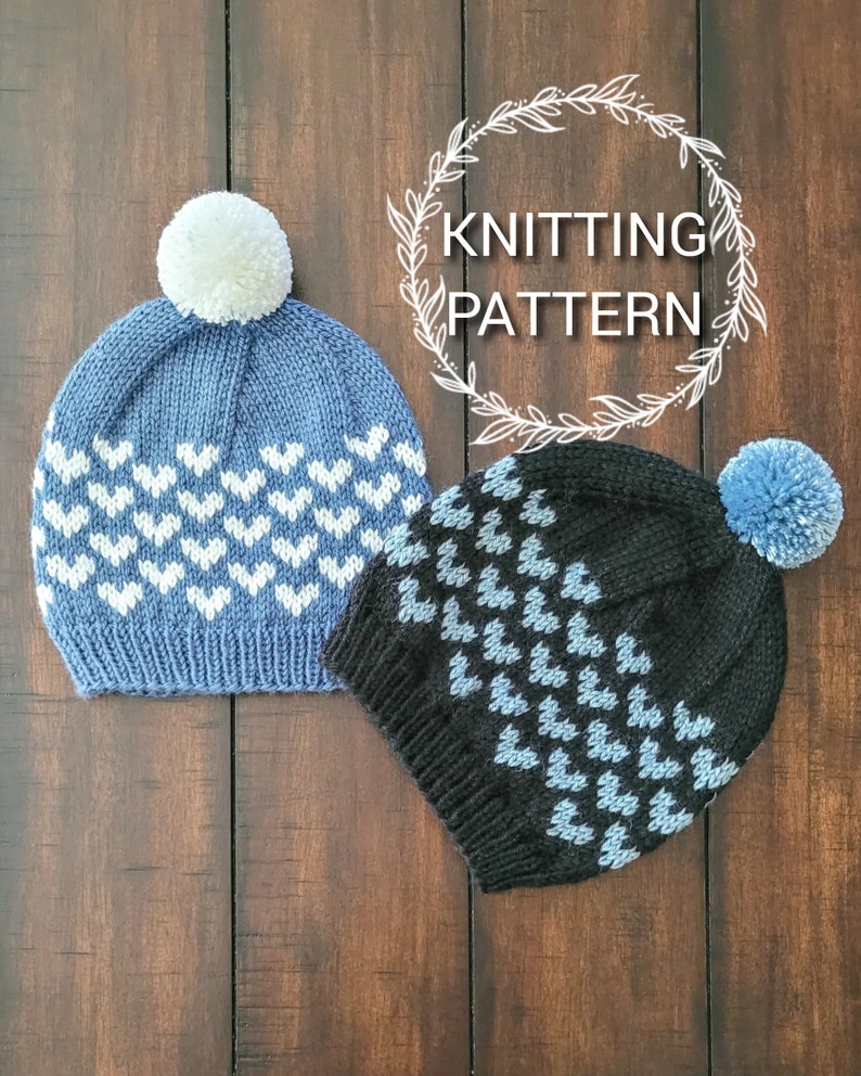 KNITTING PATTERN / Mini Hearts Beanie / Beanie Knitting Pattern / Pompom Hat Knitting Pattern / Knit Pattern / Knit Hat image 1