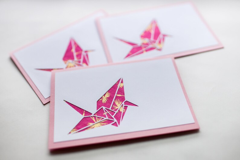 Set Of 3 Notecards Origami Crane In Magenta And Light Pink Note Card Geometric Origami Card Wedding Gift Occasion Greeting