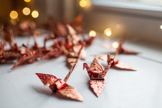 25 Origami Paper Cranes Hand Cut And Hand Folded In Shiny Metallic Red And Gold Paper Paper Red And Gold Cranes Chinese New Year