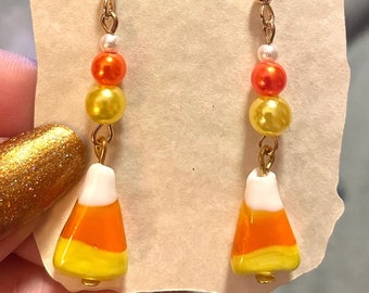 Candy Corn Halloween Dangle Earrings in Gold