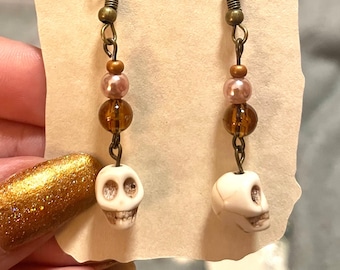 Skull Spooky Halloween Dangle Earrings in Antique Brass