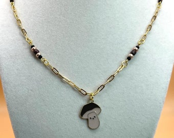 Mushroom Necklace in Gold Paper Clip Chain 19 in