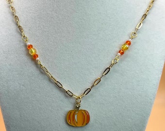 Pumpkin Necklace in Gold Paper Clip Chain 20 in