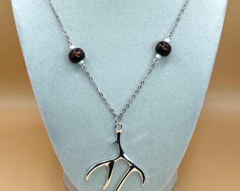 Antler and Wood Necklace in Silver 20in...forest, hunting, deer, season, fall, stag, kids, fun, unique, statement, men's, cosplay, everyday