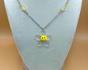 Clear and Yellow Daisy Flower Necklace in Silver 20in