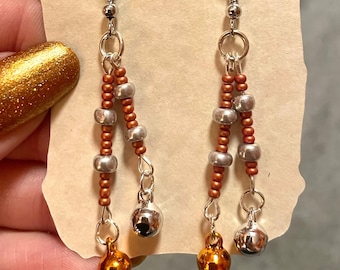 Jingle Bell Halloween Silver and Orange Dangle Earrings in Silver