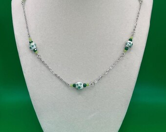 Green Floral Beaded Chain in Silver 22in
