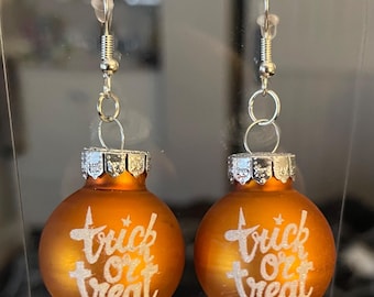 Halloween Ornament Bulb Earrings, orange trick or treat with fishhook backs silver plated lightweight spooky season fun festive white octobe