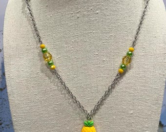 Pineapple Necklace in Silver 18 inches….yellow green summer fruit beaded fun juicy food fashion cute kids cosplay sweet jewelry spring water