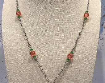 Red Apple Necklace in silver 20 inches long, orchard fruit fun cute fall autumn beaded unique delicious cosplay green kids summer handmade