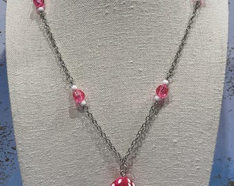 Fuschia Pink Dice DND Gaming Necklace in Silver 18.5 inches…Dungeons and dragons white beaded 6 sided die fun cute ren faire costume cosplay
