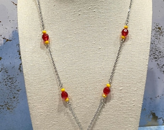 Red Daisy Flower Necklace in Silver 21 inches…floral kids costume cosplay fun unique yellow summer spring garden beaded smily face childrens