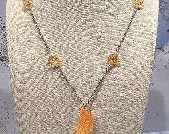 Orange Slice Fruit Necklace in Silver 19 inches long, food fruit summer fun cute picnic juicy beaded kids cosplay unique charm style citrus