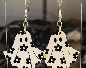 Floral Spooky Ghost Earrings in Silver…disco halloween spooky season spirit holiday october november girly fun cute simple lightweight black