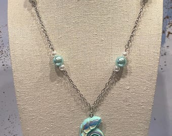 Blue Spiral Seashell Necklace with pearl accents in silver 20 inches long, summer beach ocean cute water mermaid cosplay ariel iridecent