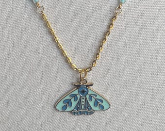 Blue Floral Moth Necklace in Gold 17 inches