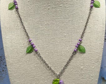 Grape Vine Necklace in Silver in 18.5inches…food fruit wine purple green leaf summer juicy spring picnic fun kids cosplay costume jewelry