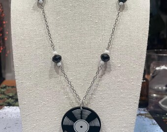 Melting Record Vynal Necklace in silver 19.5 inches…music bold fun cute statement everyday musician lover black white shop 60s festival