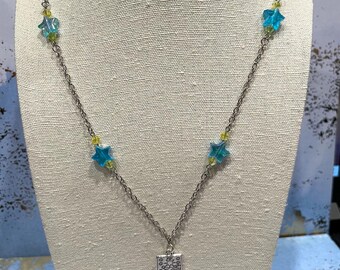 The Star Tarot Card with Blue Stars Necklace in Silver 21 inches…witch witchy spiritual fun psycic space yellow oracle spooky girly cute