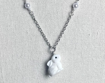 White Easter Bunny Pearl Necklace in Silver 18inches
