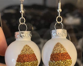 Halloween Ornament Bulb Earrings white with candy corns silver fishhook backing… spooky season glitter lightweight fun holiday festive cute