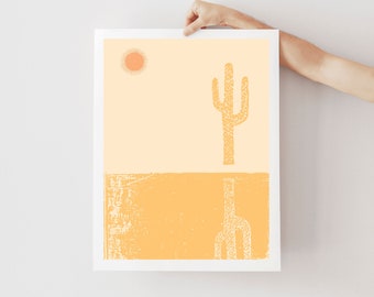 Desert Cactus Art Print, Woodblock Style Art Print, Minimal Art Print, Contemporary, Digital Download Print From Home Printable Download