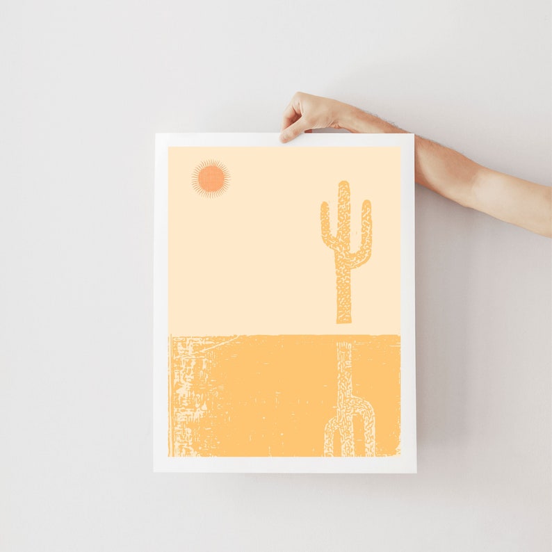 Desert Cactus Art Print, Woodblock Style Art Print, Minimal Art Print, Contemporary, Digital Download Print From Home Printable Download image 1