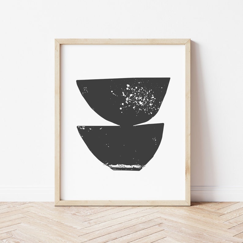 Two Bowls Abstract Print, Woodblock Style Art Print, Minimal Art Print, Contemporary, Digital Download Print From Home Printable Download image 1