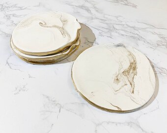 Gold Swirl Coasters Set of 4 or 6, Housewarming Gift, Marble Drink Coasters, Clay, Coasters, One-of-a-Kind