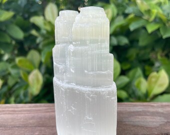 4" Satin Spar Double Tower, Crystal for Cleansing, Selenite Tower, Natural Crystal Stone Towers, Healing Crystals, Alter Decor, Witchy Gift