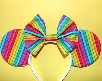 Rainbow Stripe Minnie Ears,Mouse Ears, Mickey Ears, Rainbow Ears, Colorful, Spring Time Ears, Birthday Ears, Multiple Bow Options, Rainbow