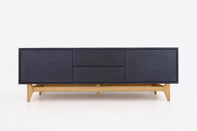 70.5 Matte Ebony Black White Oak Media Center Media Console TV Stand Mid Century Modern Handcrafted image 1