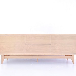 60” white oak tv media console mid century modern style cabinets push drawers tapered legs
