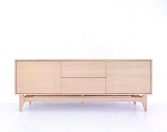 60” white oak tv media console mid century modern style cabinets push drawers tapered legs