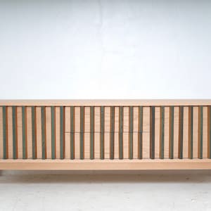 70.5” Linear II of III | white oak media console sculptural design geometric design wood slats wooden line design