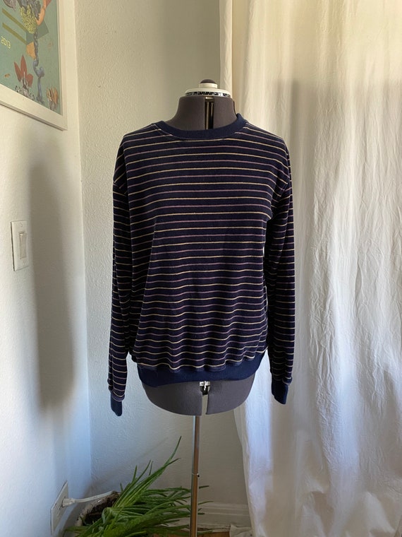 Vintage velour striped sweatshirt crewneck navy bl