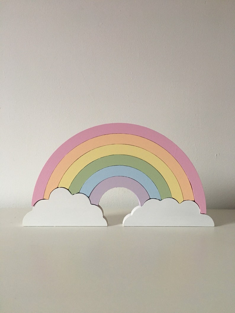 Wooden Stacking Rainbow With Clouds Pastel Rainbow Wooden Decor