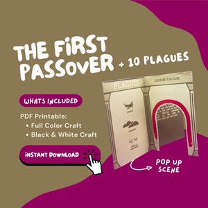 May include: A printable craft activity for children featuring the story of Passover and the 10 plagues. The craft includes a pop-up scene with a red archway and a text panel with the plagues listed. The text on the panel reads "PLAGUES" and "EXODUS 7:14-11:10".