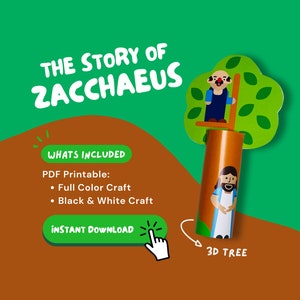 Puede incluir: Una actividad de manualidades imprimible para niños que presenta la historia de Zaqueo. La manualidad incluye un árbol en 3D, un personaje de Zaqueo subiendo al árbol y un personaje de Jesús de pie junto al árbol. La manualidad está disponible para descarga instantánea.