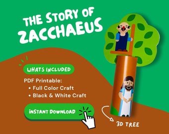 Könnte beinhalten: Eine druckbare Bastelvorlage für Kinder mit der Geschichte von Zachäus. Die Bastelvorlage enthält einen 3D-Baum, eine Figur von Zachäus, der auf den Baum klettert, und eine Figur von Jesus, der neben dem Baum steht. Die Bastelvorlage steht zum sofortigen Download bereit.