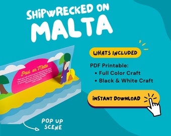 May include: A printable pop-up scene of the apostle Paul shipwrecked on the island of Malta. The scene includes a palm tree, a beach, and a boat. The text "Paul on Malta" is included in the scene. The text "What's Included" is in a yellow box with a white outline. The text "PDF Printable: Full Color Craft, Black & White Craft" is listed below. The text "Instant Download" is in a yellow box with a white outline and a pointing hand.