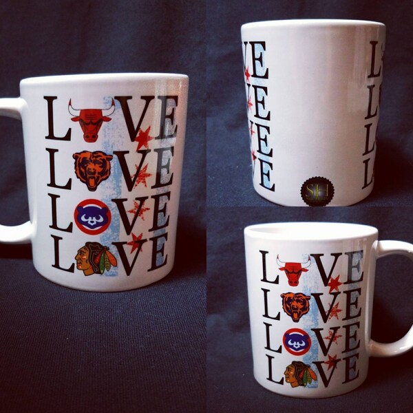 11oz Coffee Mug Featuring Your Favorite Chicago Sports  Teams; Chicago Bulls, Da Bears, Cubs, and Black hawks. Chicago Flag